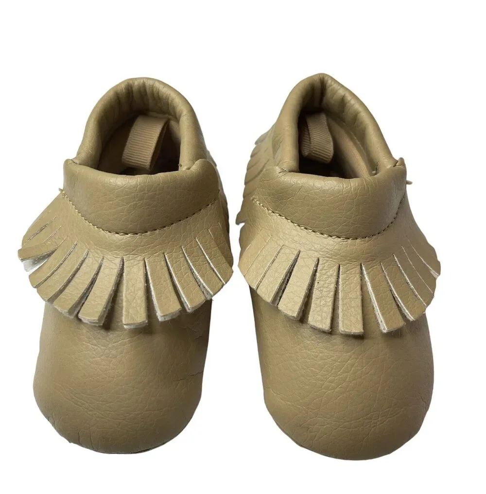 Baby Toddler Infant Girls Size 3 Tan Slip-On Moccasins Crib Shoe Soft Soles Mocs